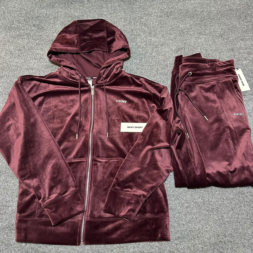 DKNY Sport Womens Velour Hoodie and Jogger Pants Set Maroon Medium DP5J9233